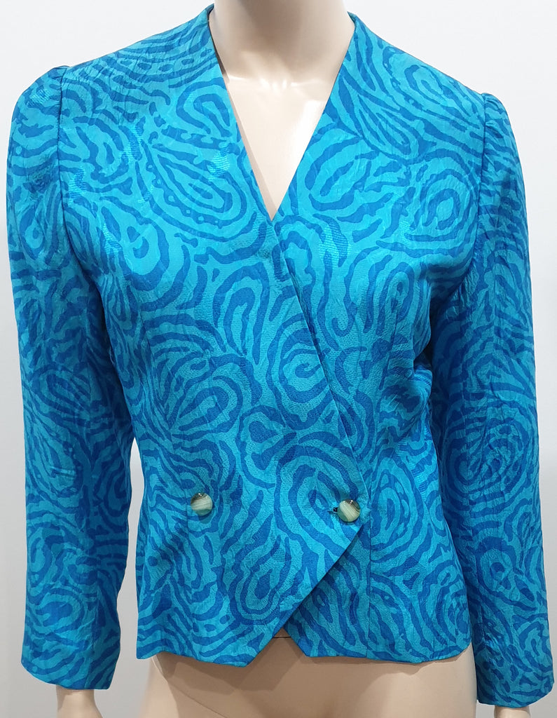 RICKIE FREEMAN FOR TERI JON Blue & Multi Colour Silk Jacket & Skirt Suit 6 UK10
