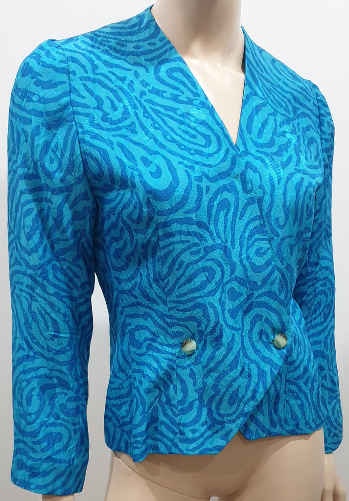 RICKIE FREEMAN FOR TERI JON Blue & Multi Colour Silk Jacket & Skirt Suit 6 UK10