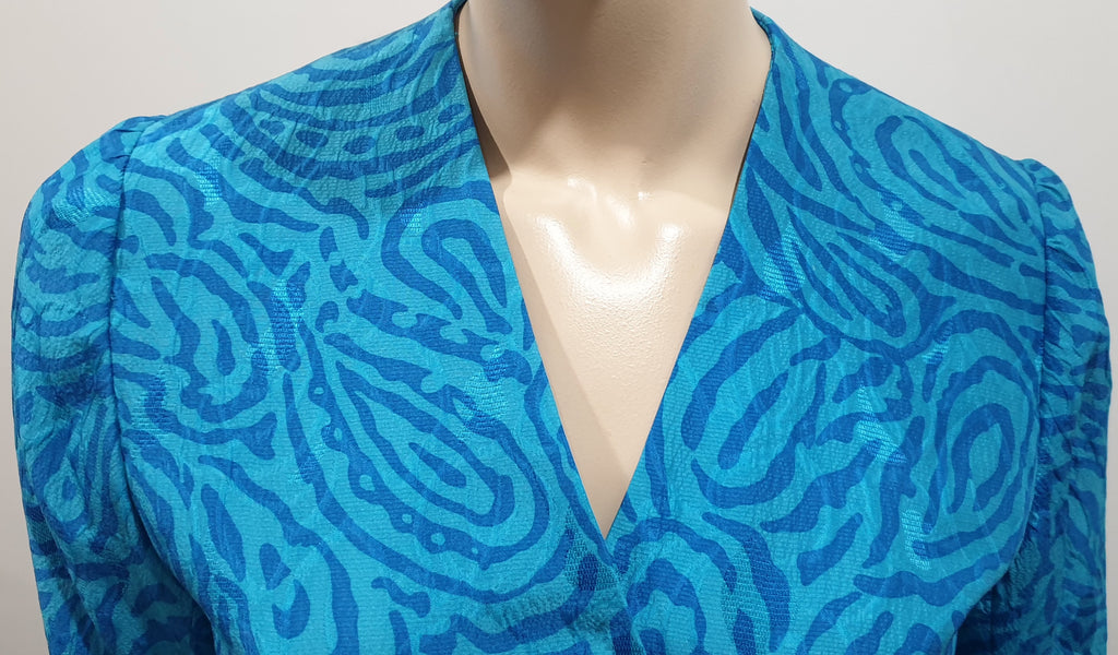 RICKIE FREEMAN FOR TERI JON Blue & Multi Colour Silk Jacket & Skirt Suit 6 UK10