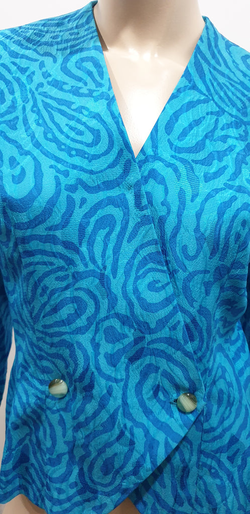 RICKIE FREEMAN FOR TERI JON Blue & Multi Colour Silk Jacket & Skirt Suit 6 UK10