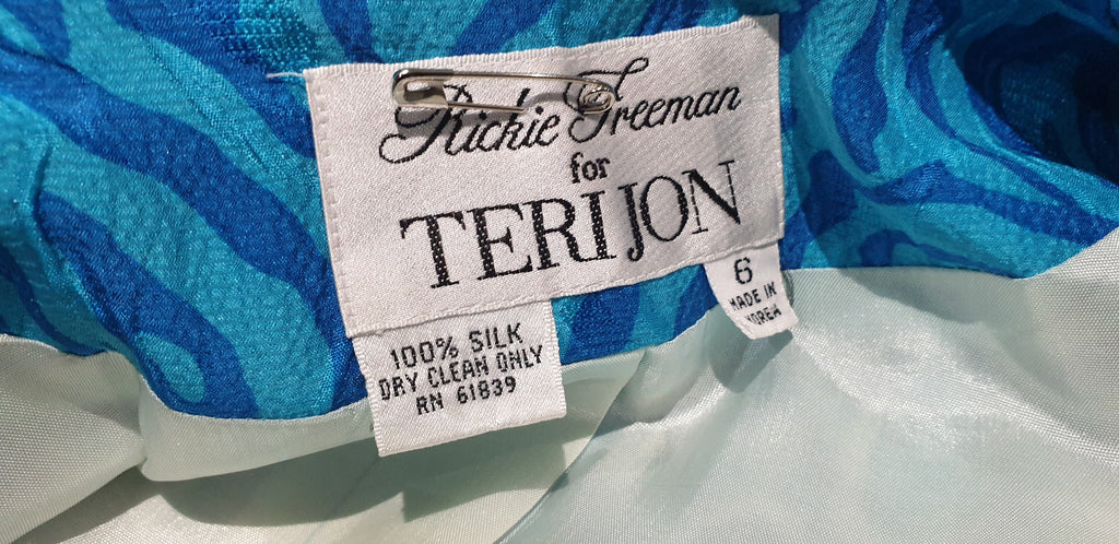 RICKIE FREEMAN FOR TERI JON Blue & Multi Colour Silk Jacket & Skirt Suit 6 UK10