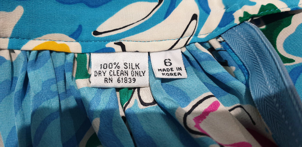 RICKIE FREEMAN FOR TERI JON Blue & Multi Colour Silk Jacket & Skirt Suit 6 UK10