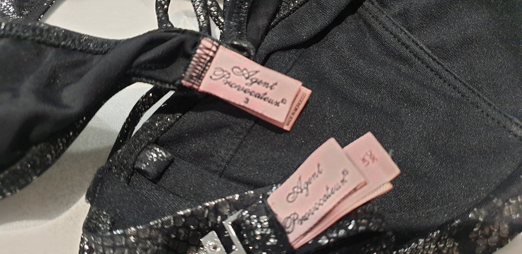 AGENT PROVOCATEUR Black Silver Snakeskin Bandeau Bikini Top & Tie Briefs 36C / 3