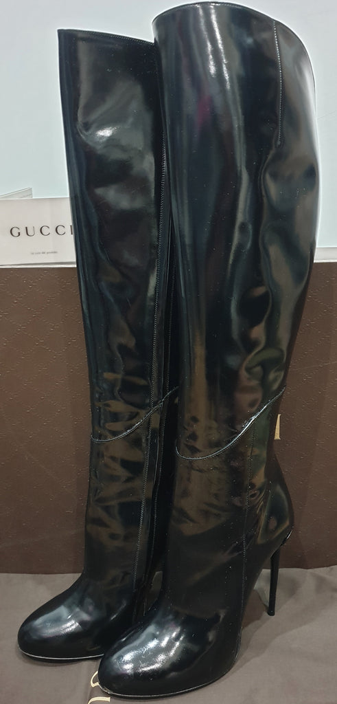 GUCCI Black Shined Patent Leather Zipper Fastened Tall High Stiletto Heel Boots