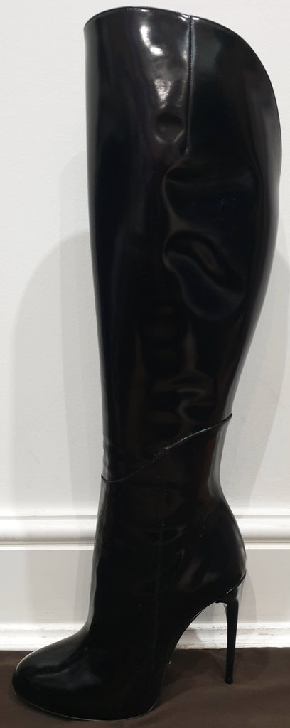 GUCCI Black Shined Patent Leather Zipper Fastened Tall High Stiletto Heel Boots