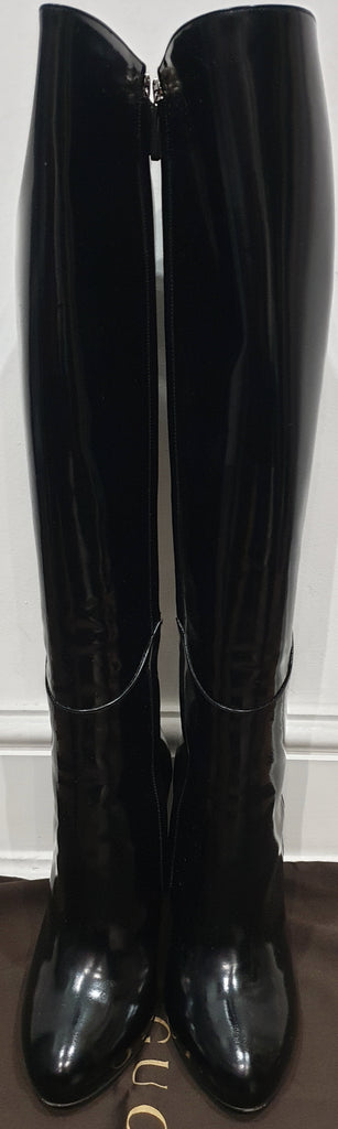 GUCCI Black Shined Patent Leather Zipper Fastened Tall High Stiletto Heel Boots