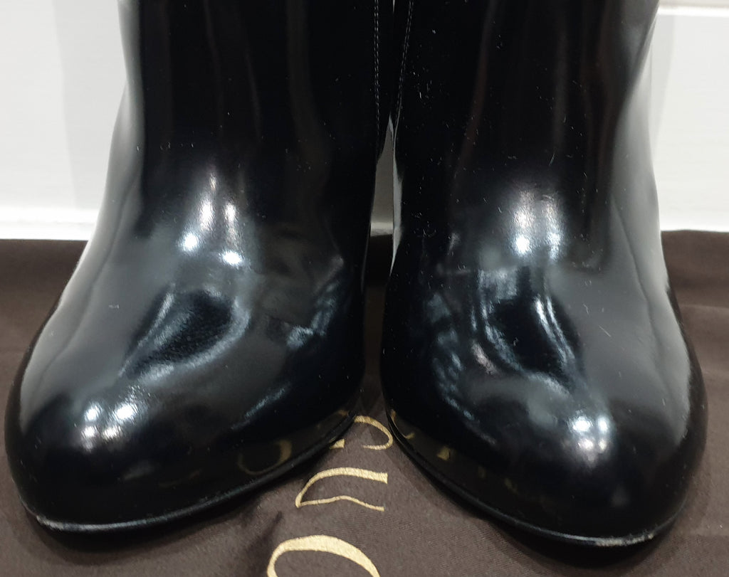 GUCCI Black Shined Patent Leather Zipper Fastened Tall High Stiletto Heel Boots