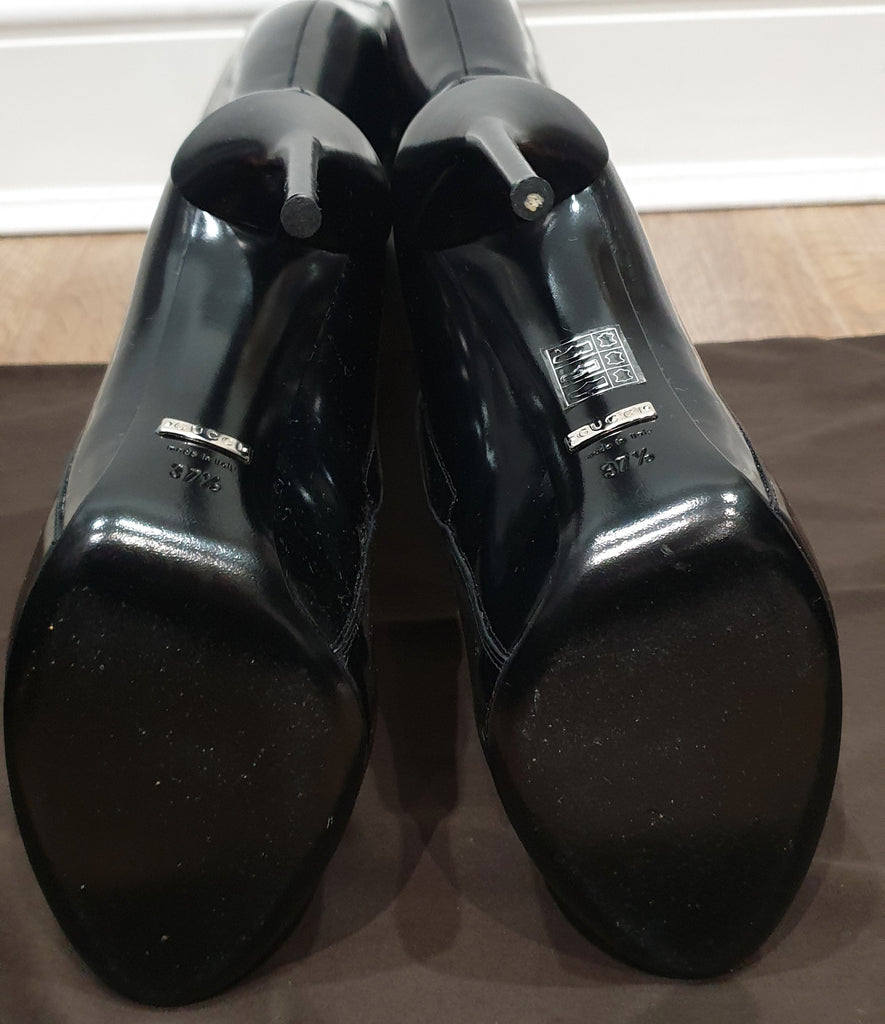 GUCCI Black Shined Patent Leather Zipper Fastened Tall High Stiletto Heel Boots