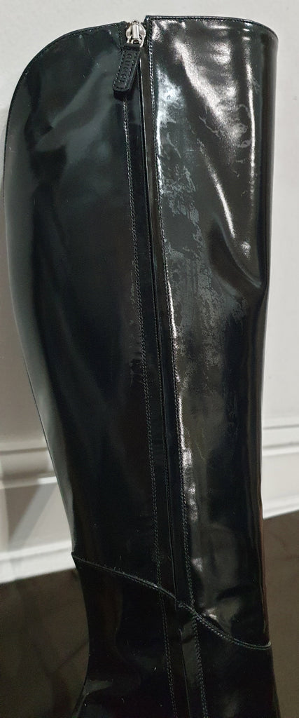 GUCCI Black Shined Patent Leather Zipper Fastened Tall High Stiletto Heel Boots