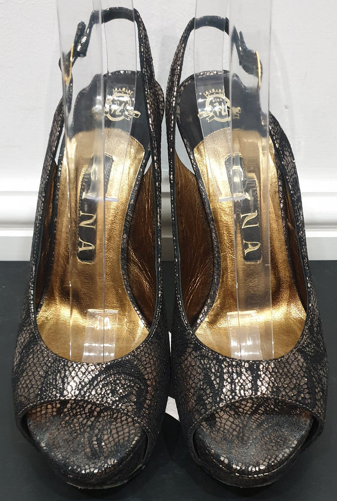 GINA Black Gold Metallic DALLAS Fabric Peep Toe Platform High Sandals Shoes 4.5