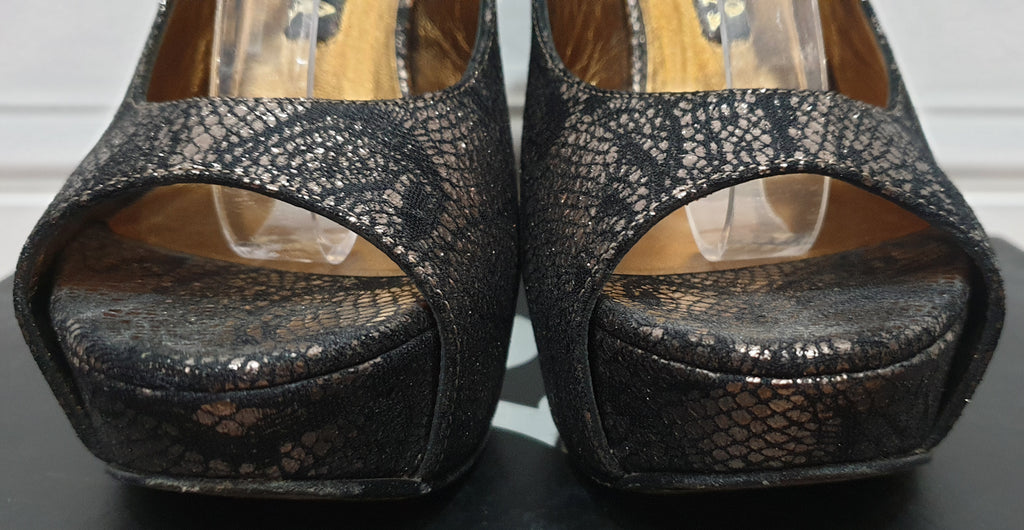 GINA Black Gold Metallic DALLAS Fabric Peep Toe Platform High Sandals Shoes 4.5