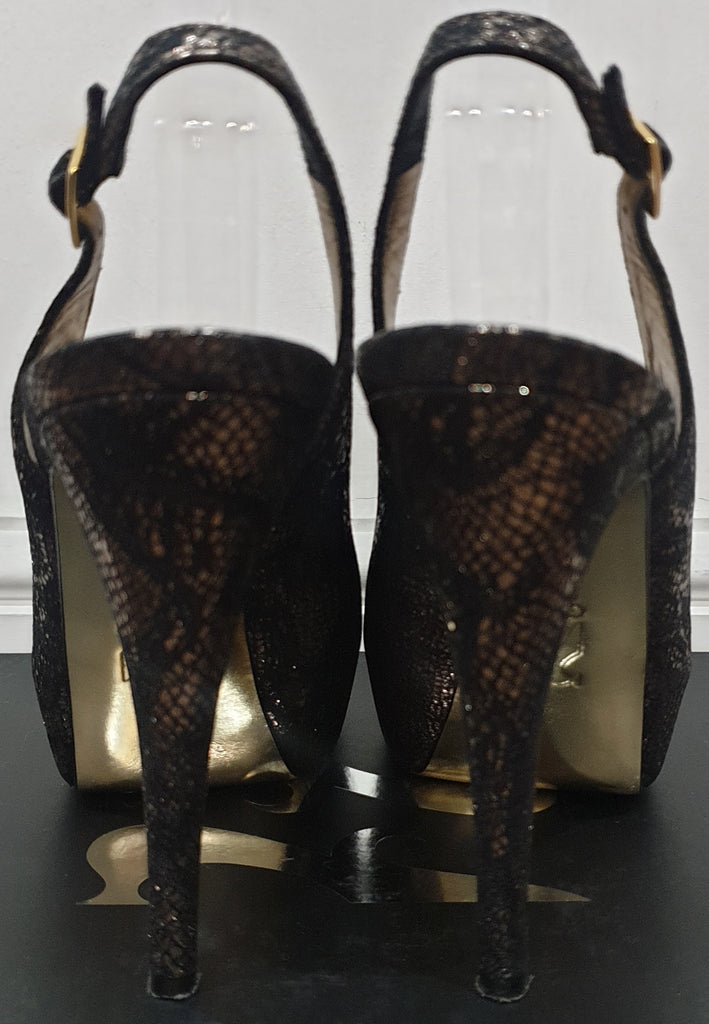 GINA Black Gold Metallic DALLAS Fabric Peep Toe Platform High Sandals Shoes 4.5