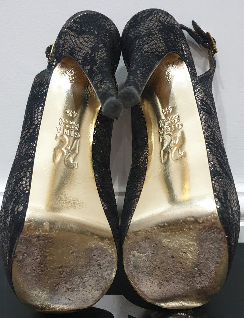 GINA Black Gold Metallic DALLAS Fabric Peep Toe Platform High Sandals Shoes 4.5