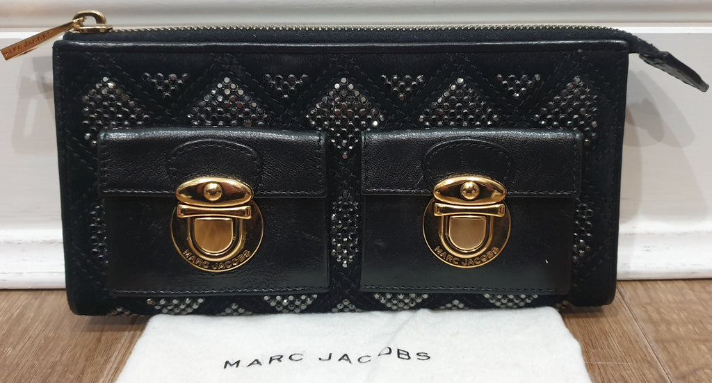 MARC JACOBS Black Fabric & Leather Gunmetal Crystal Embellished Large Purse