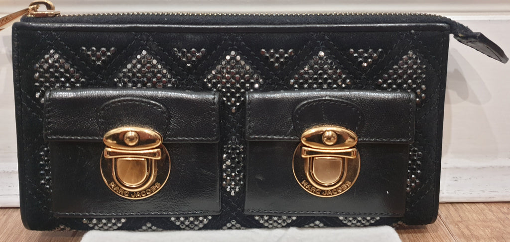 MARC JACOBS Black Fabric & Leather Gunmetal Crystal Embellished Large Purse