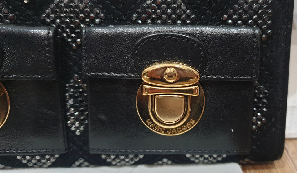 MARC JACOBS Black Fabric & Leather Gunmetal Crystal Embellished Large Purse