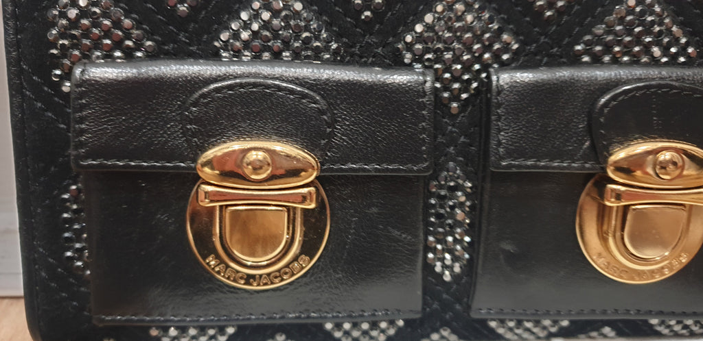 MARC JACOBS Black Fabric & Leather Gunmetal Crystal Embellished Large Purse