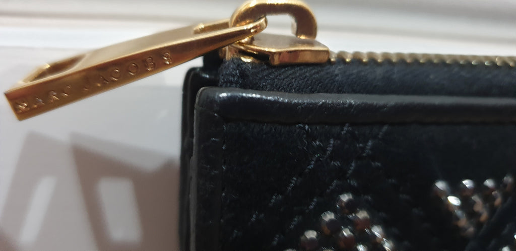 MARC JACOBS Black Fabric & Leather Gunmetal Crystal Embellished Large Purse