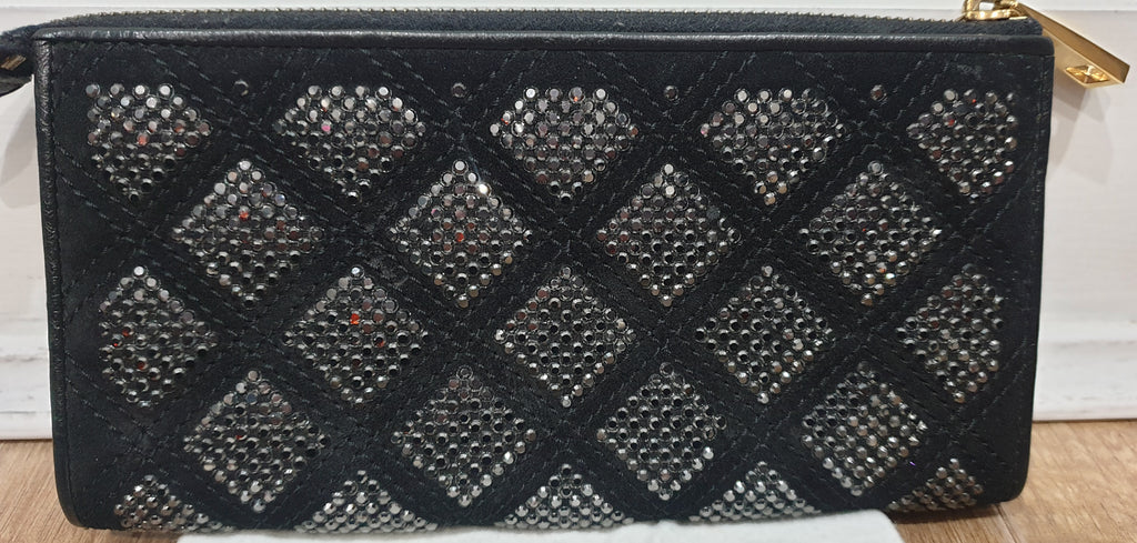 MARC JACOBS Black Fabric & Leather Gunmetal Crystal Embellished Large Purse