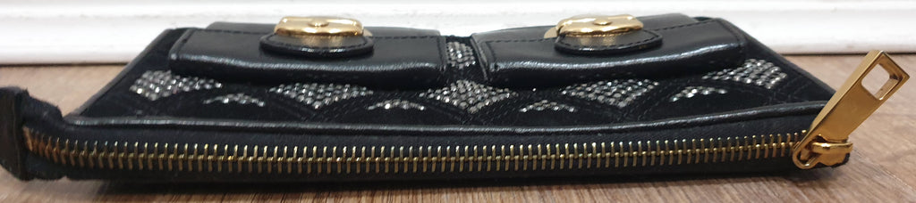 MARC JACOBS Black Fabric & Leather Gunmetal Crystal Embellished Large Purse