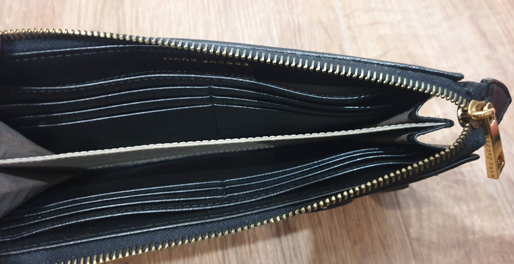 MARC JACOBS Black Fabric & Leather Gunmetal Crystal Embellished Large Purse