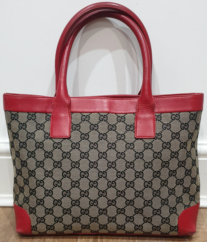 GUCCI Beige GG Monogram Canvas Red Leather Trim & Dual Handle Tote Shopper Bag