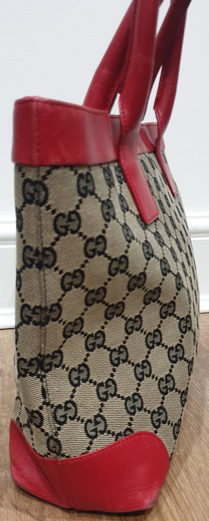 GUCCI Beige GG Monogram Canvas Red Leather Trim & Dual Handle Tote Shopper Bag