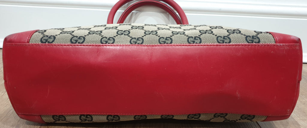 GUCCI Beige GG Monogram Canvas Red Leather Trim & Dual Handle Tote Shopper Bag