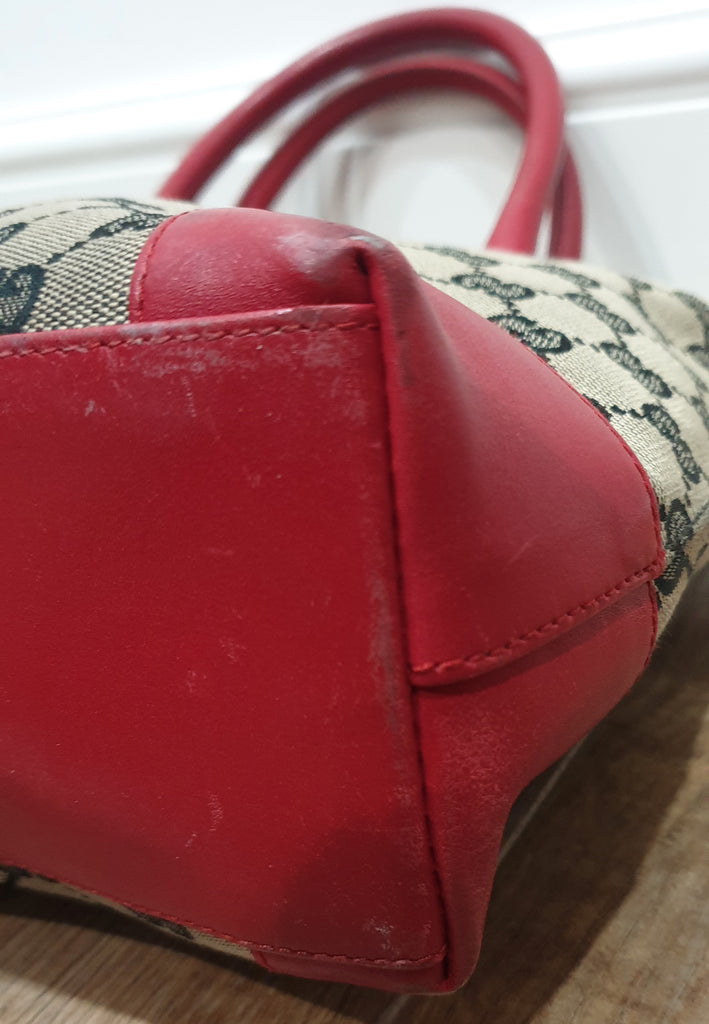 GUCCI Beige GG Monogram Canvas Red Leather Trim & Dual Handle Tote Shopper Bag