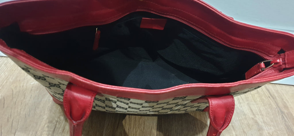 GUCCI Beige GG Monogram Canvas Red Leather Trim & Dual Handle Tote Shopper Bag
