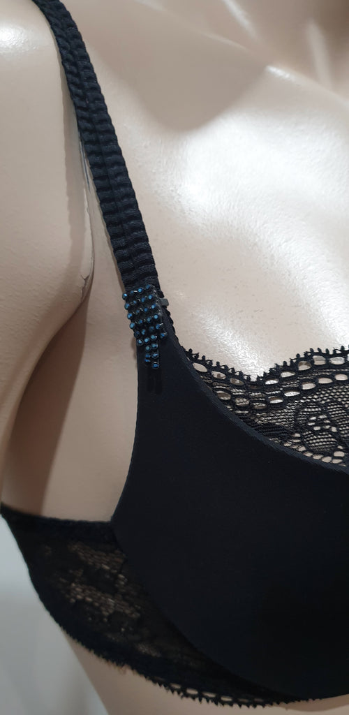 MAISON LEJABY PARIS Black Lace Delicate Crystal Detail Underwire Lingerie Bra 32D