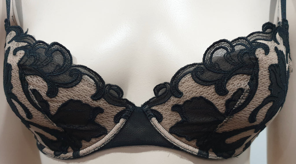 MAISON LEJABY PARIS Sand & Black Floral Lace Light Padded Underwire Lingerie Bra