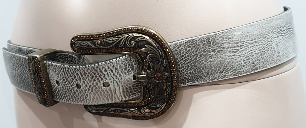 JOSEPH Matt Silver Grey Chunky Silver Tone Jewelled Buckle Leather Belt 34/85