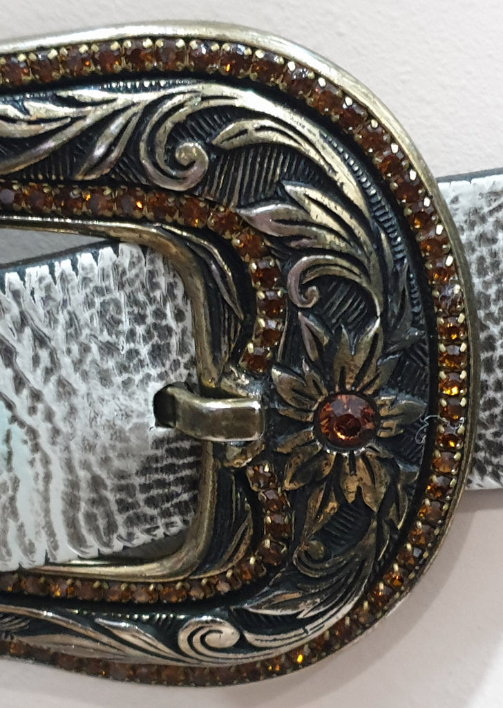 JOSEPH Matt Silver Grey Chunky Silver Tone Jewelled Buckle Leather Belt 34/85