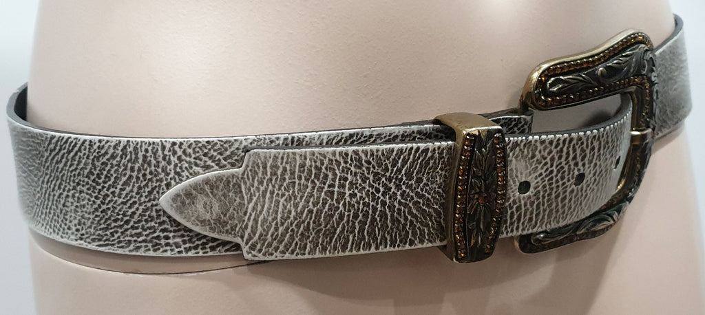 JOSEPH Matt Silver Grey Chunky Silver Tone Jewelled Buckle Leather Belt 34/85