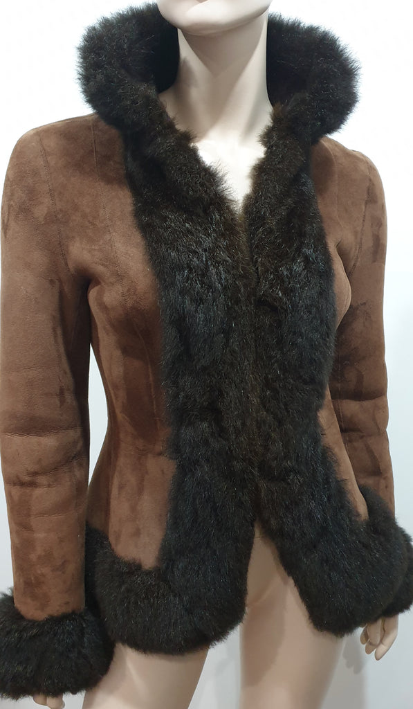 RALPH LAUREN BLACK LABEL Brown Sheepskin Fur Trim High Neck Jacket Top UK8