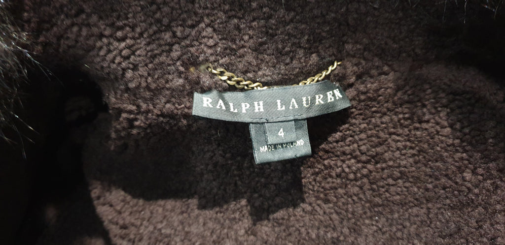 RALPH LAUREN BLACK LABEL Brown Sheepskin Fur Trim High Neck Jacket Top UK8
