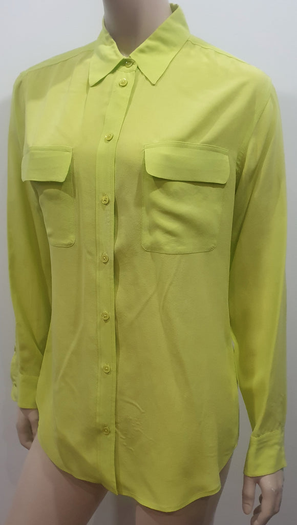 EQUIPMENT FEMME Lime Yellow 100% Silk Collared Long Sleeve Blouse Shirt Top S