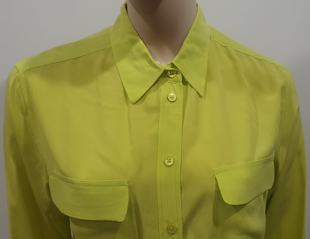 EQUIPMENT FEMME Lime Yellow 100% Silk Collared Long Sleeve Blouse Shirt Top S