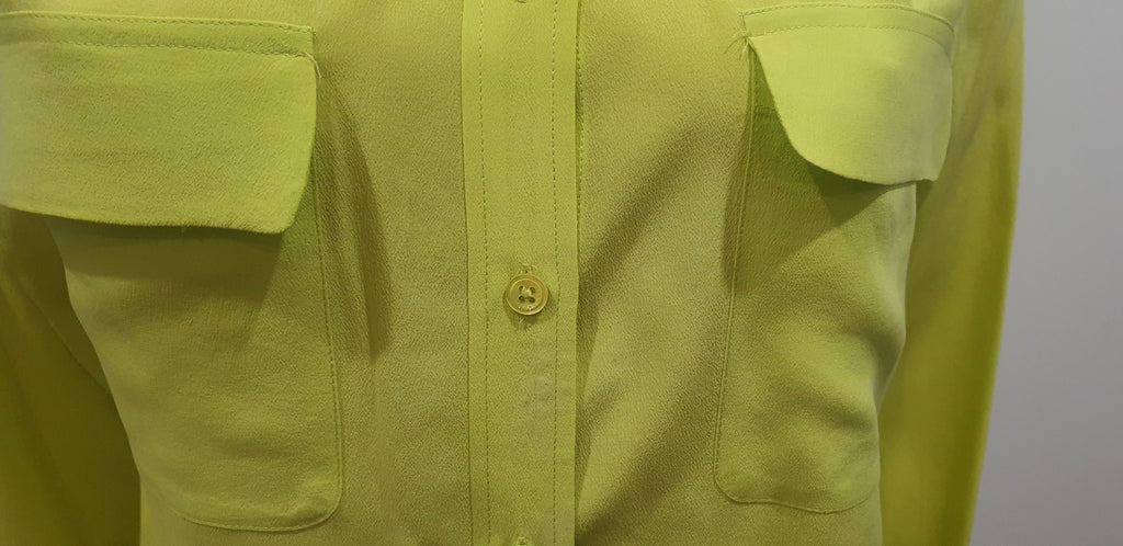 EQUIPMENT FEMME Lime Yellow 100% Silk Collared Long Sleeve Blouse Shirt Top S