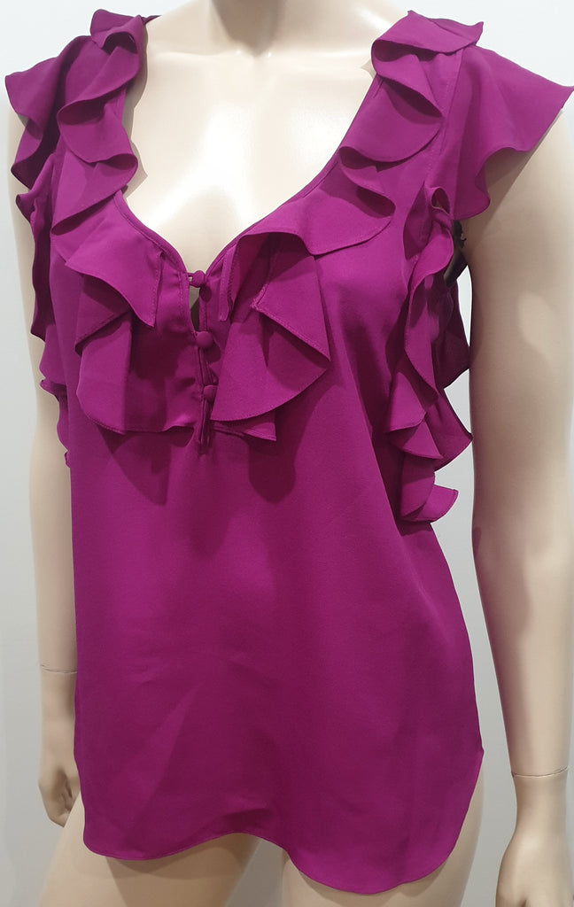 REBECCA TAYLOR Hot Pink Ruffle V Neckline Sleeveless Blouse Shirt Top 4 UK8