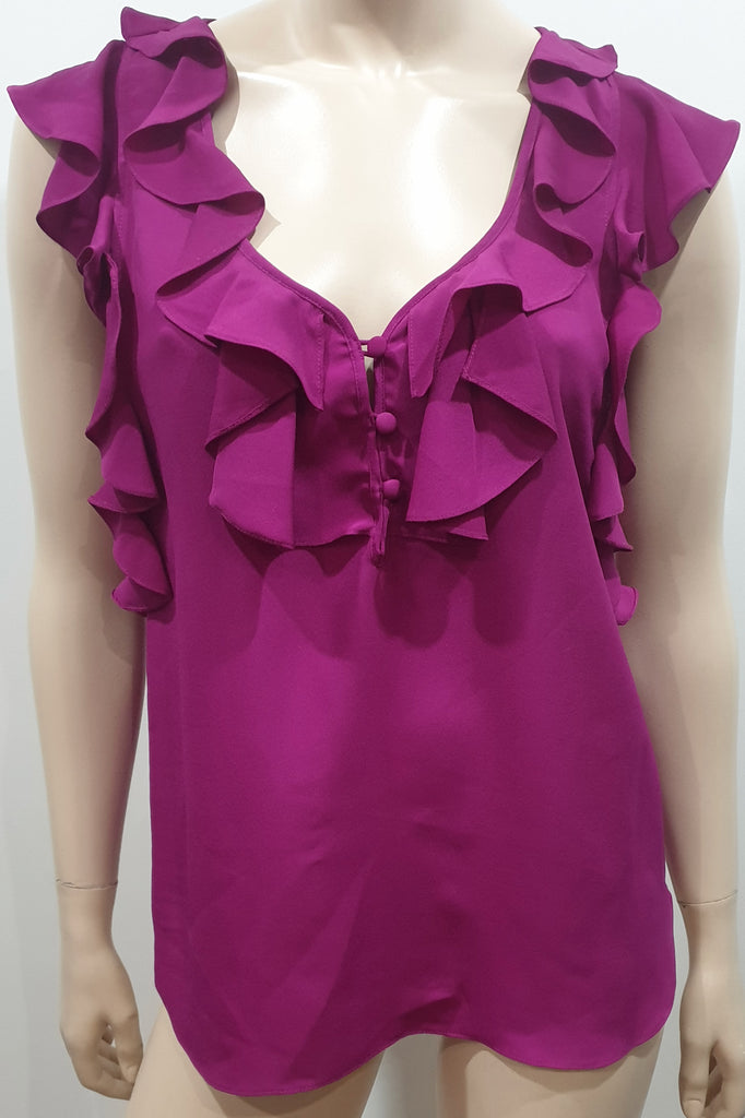 REBECCA TAYLOR Hot Pink Ruffle V Neckline Sleeveless Blouse Shirt Top 4 UK8