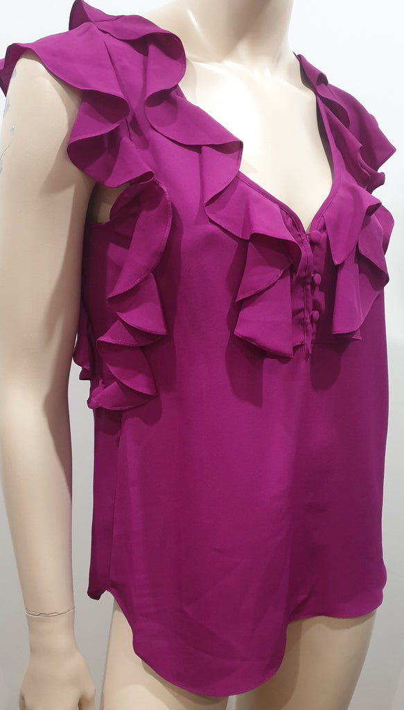 REBECCA TAYLOR Hot Pink Ruffle V Neckline Sleeveless Blouse Shirt Top 4 UK8