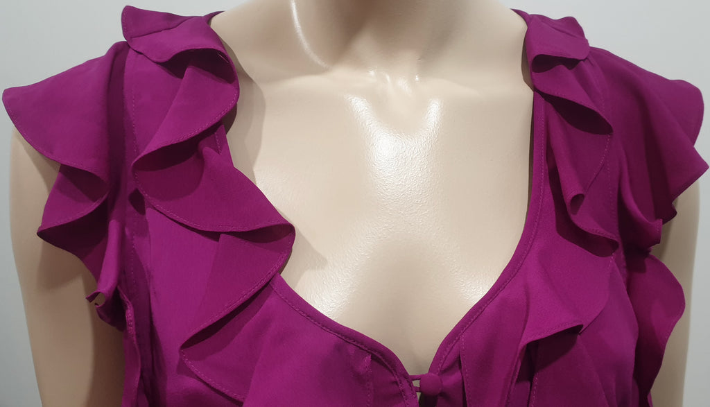 REBECCA TAYLOR Hot Pink Ruffle V Neckline Sleeveless Blouse Shirt Top 4 UK8