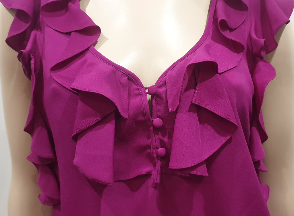 REBECCA TAYLOR Hot Pink Ruffle V Neckline Sleeveless Blouse Shirt Top 4 UK8