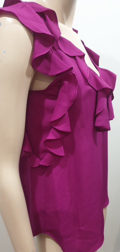 REBECCA TAYLOR Hot Pink Ruffle V Neckline Sleeveless Blouse Shirt Top 4 UK8