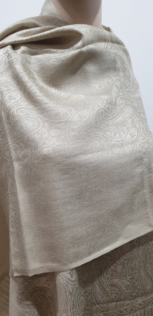 PASHMINA Beige Gold Sheen Fine Cashmere Paisley Stripe Fringed Large Shawl Scarf