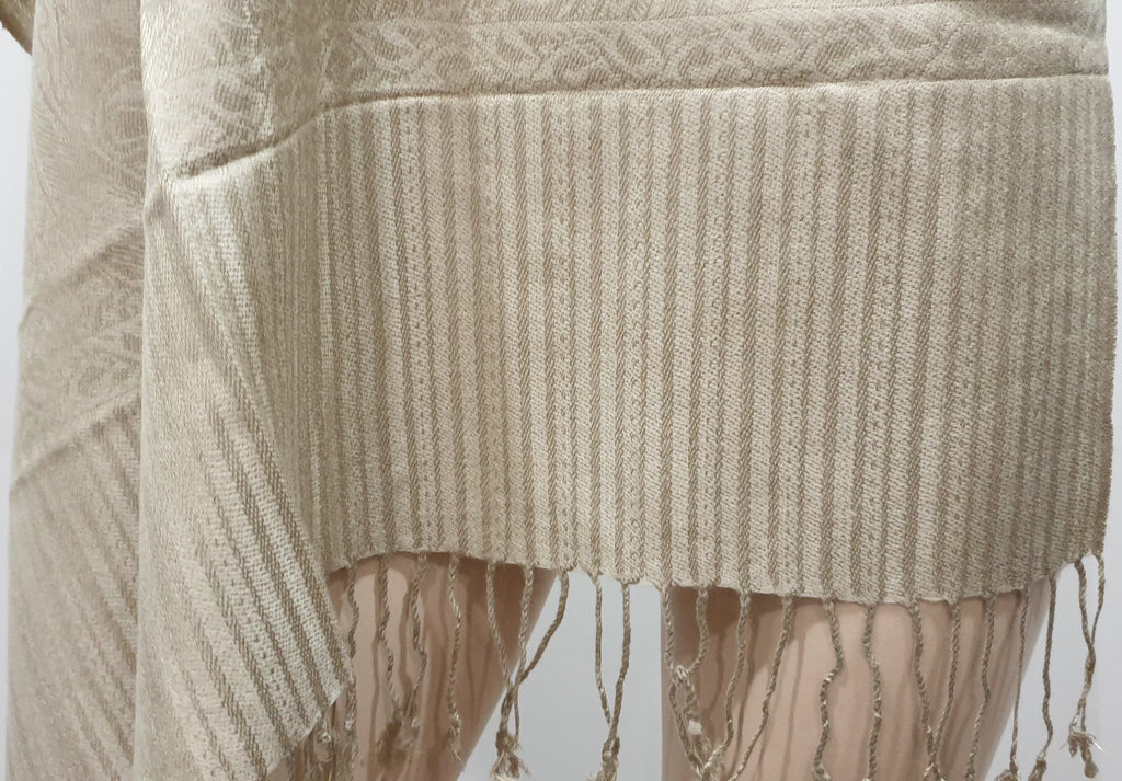 PASHMINA Beige Gold Sheen Fine Cashmere Paisley Stripe Fringed Large Shawl Scarf