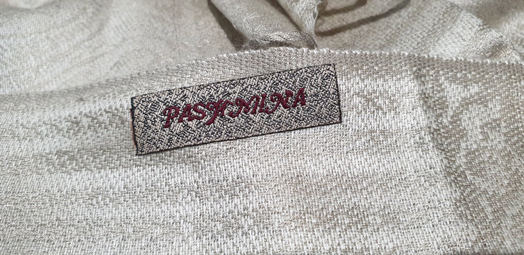 PASHMINA Beige Gold Sheen Fine Cashmere Paisley Stripe Fringed Large Shawl Scarf