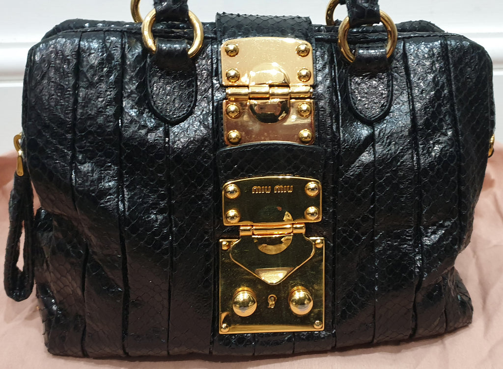 MIU MIU Midnight Blue Black Python Gold Tone Pleat Hand Held Dual Handle Tote Bag